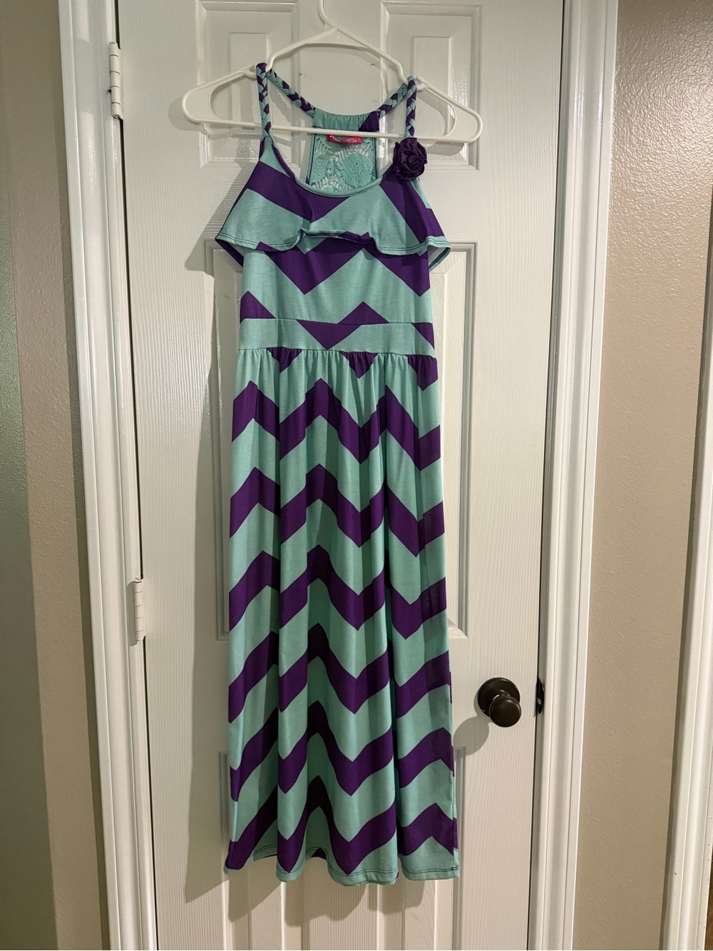 Girls Aqua and Purple Chevron Maxi Dress with Flower Strap